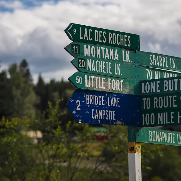 A post with multiple direction signs to various lakes
