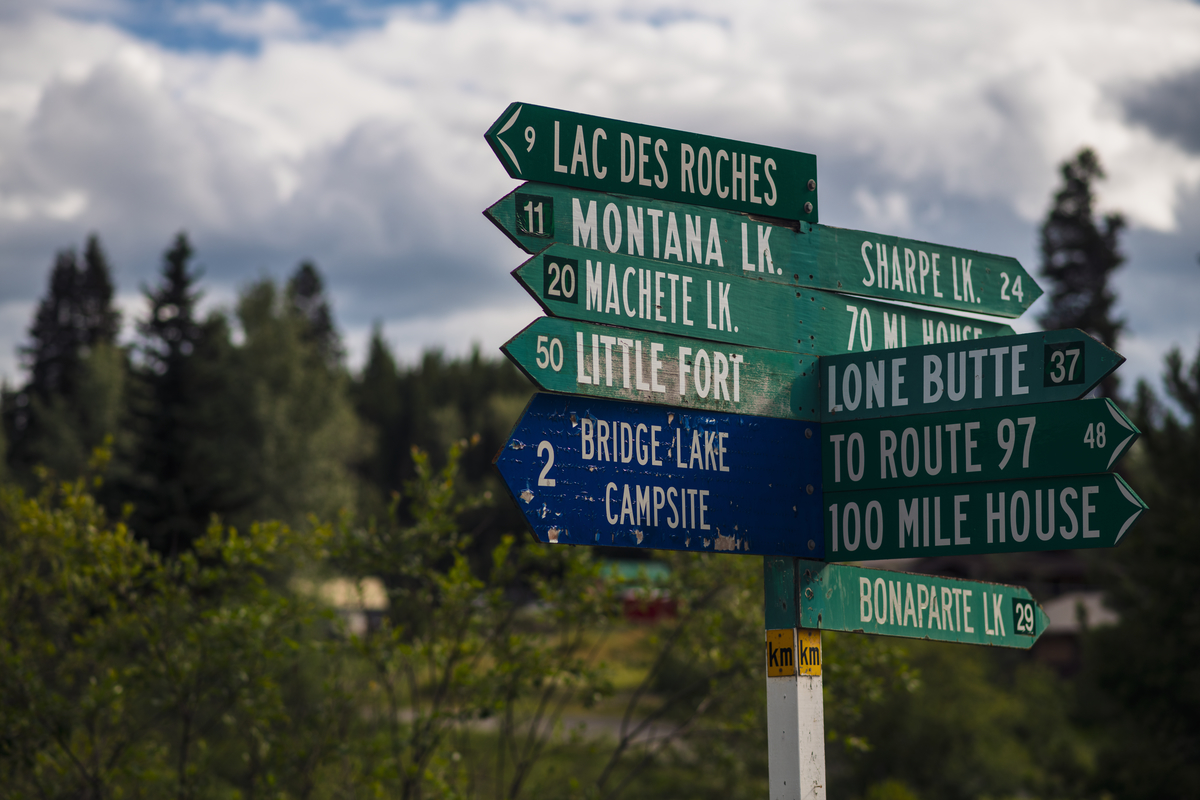 A post with multiple direction signs to various lakes