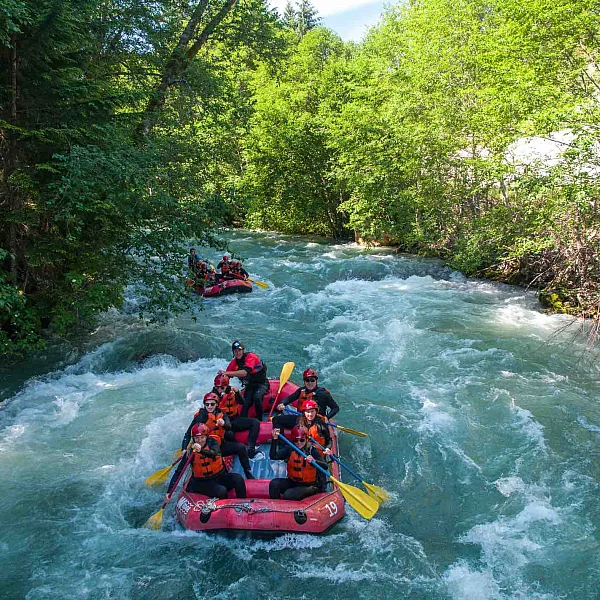 Zwei rote Rafts werden einen fließenden Fluss in Whistler hinuntergepaddelt. Jedes Raft hat einen Guide und bis zu acht Rafting-Gäste.