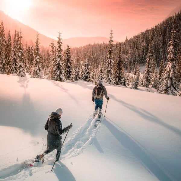 Dos personas caminan con raquetas de nieve a través de un claro cubierto de nieve en la zona alpina al atardecer. Se ven árboles y montañas distantes al fondo.