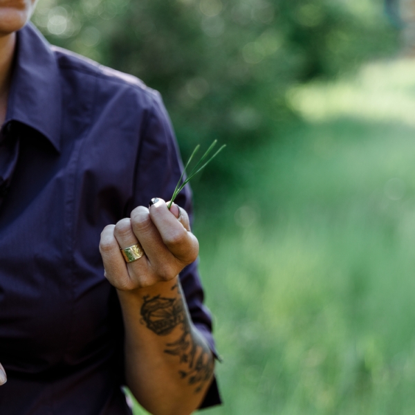 A person is seen holding a piece of grass in their hand (their head is not shown in the frame).