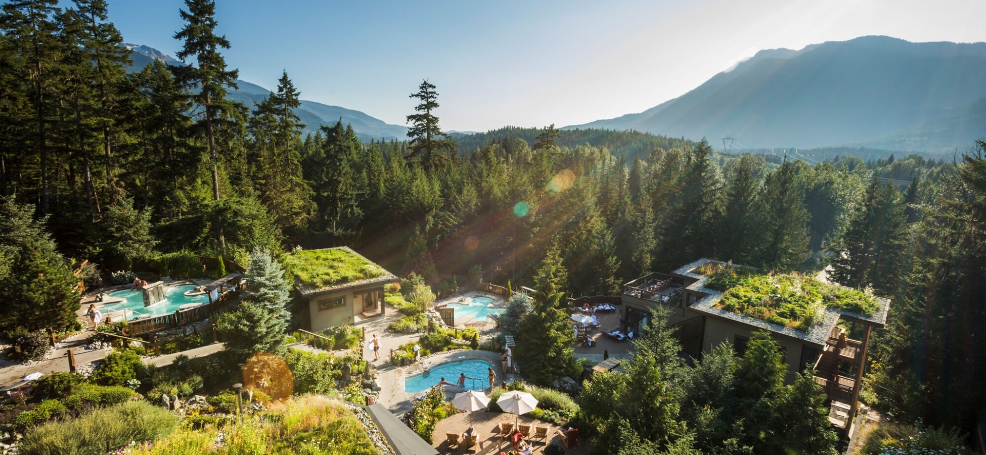 An aerial view of lush greenery and pools at the Scandinave Spa.