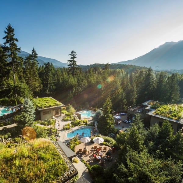 An aerial view of lush greenery and pools at the Scandinave Spa.