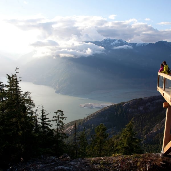 Vista de Howe Sound desde la cima de la Sea to Sky Gondola. El océano y las montañas están a lo lejos, y los árboles de hoja perenne están en primer plano.