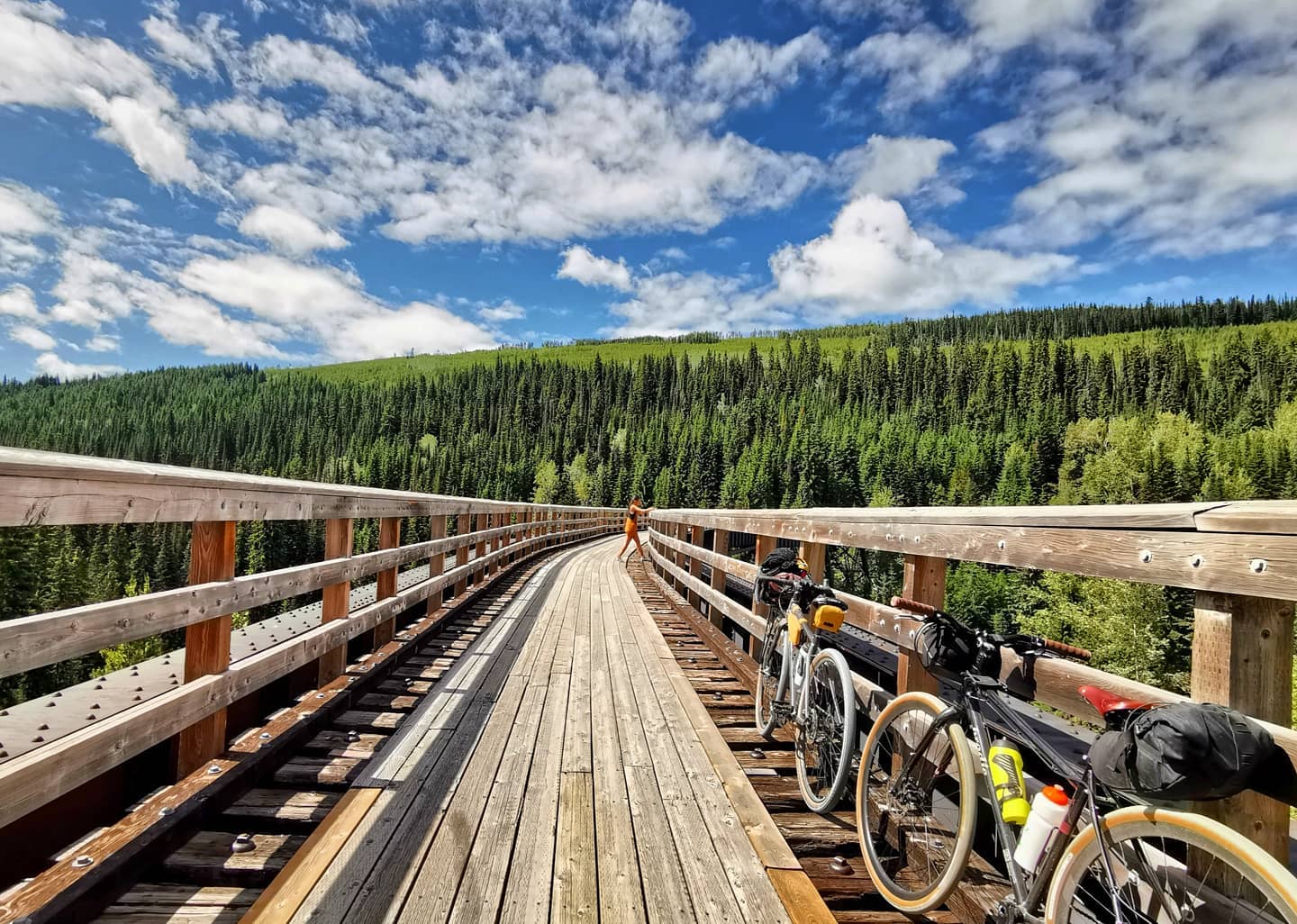 A section of the Kettle rail trail. There are two bikes leaning against the railings.