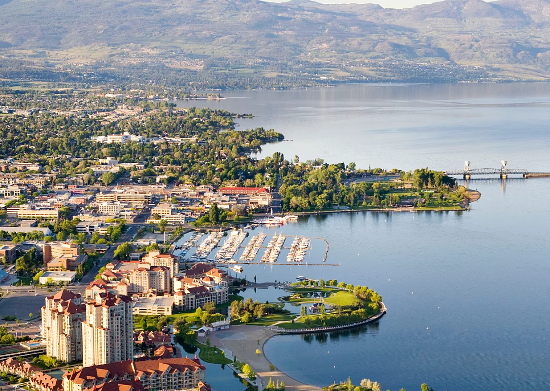 Aerial of Delta Grand Okanagan Resort on the lake.