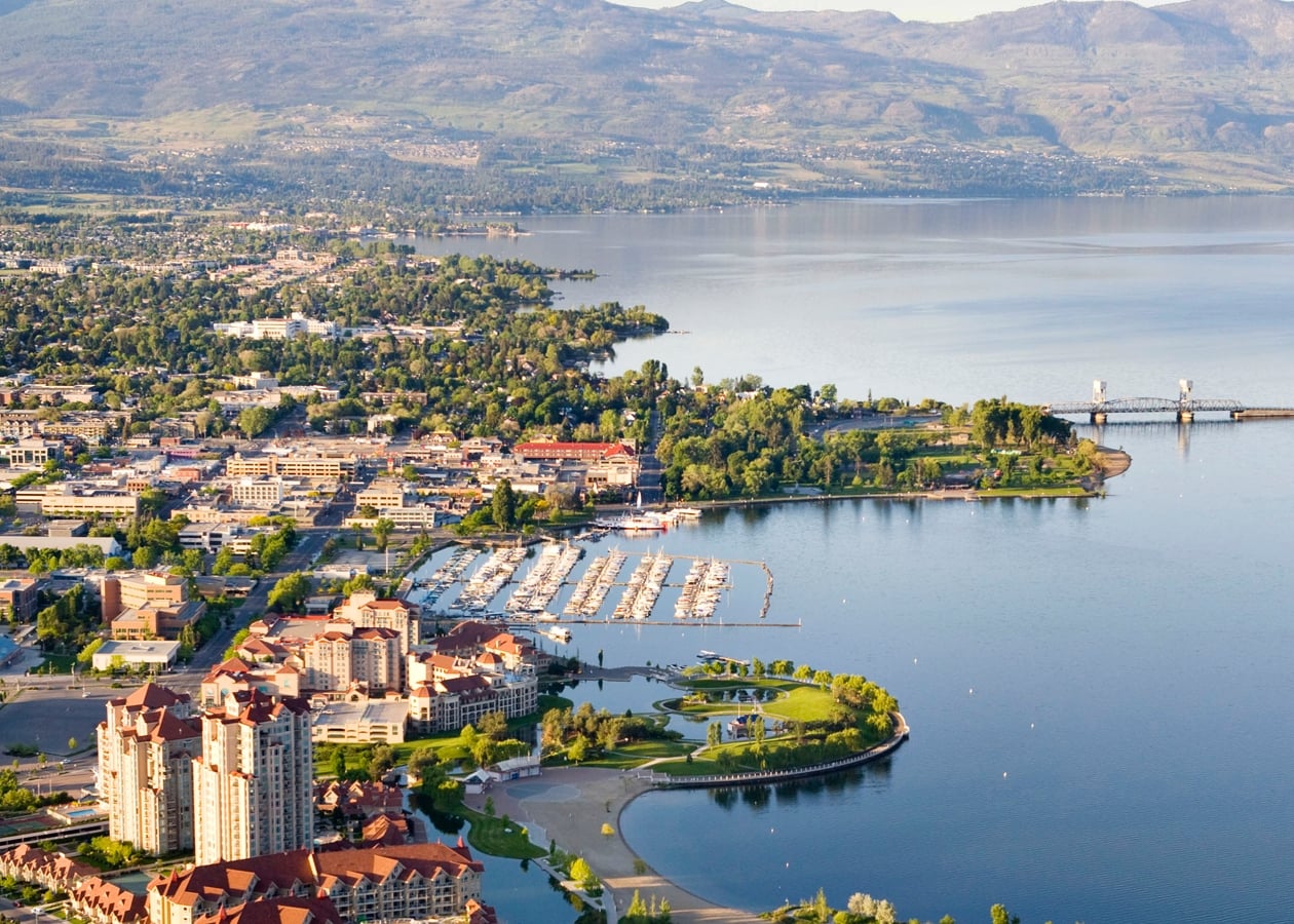 Aerial of Delta Grand Okanagan Resort on the lake.