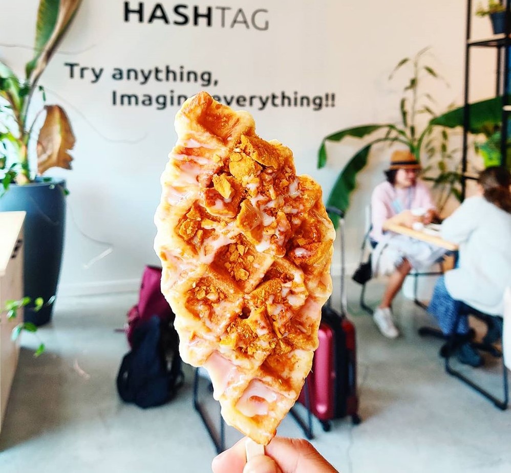 A close up of a waffle treat at Café Hashtag in Coquitlam