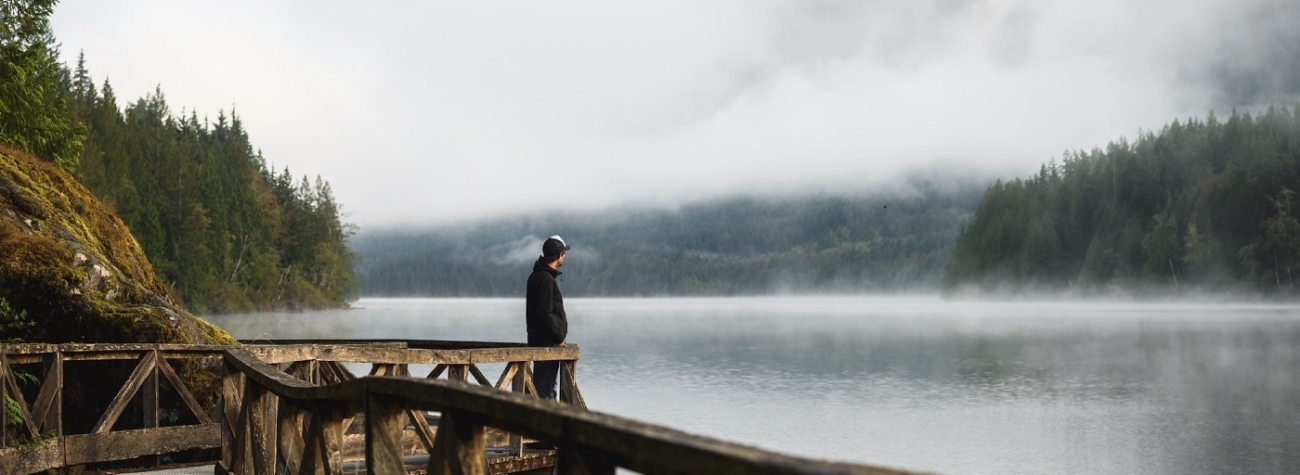 A contemplative moment on a misty morning along the Sunshine Coast Trail in Inland Lake Provincial Park, BC.