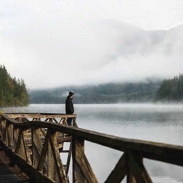 A contemplative moment on a misty morning along the Sunshine Coast Trail in Inland Lake Provincial Park, BC.