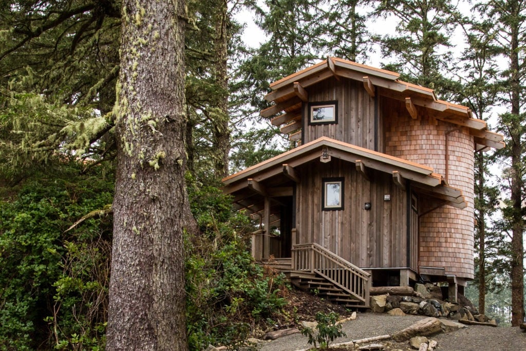 A post-and-beam cedar lodge at Wya Point Resort in Ucluelet, on Vancouver Island.
