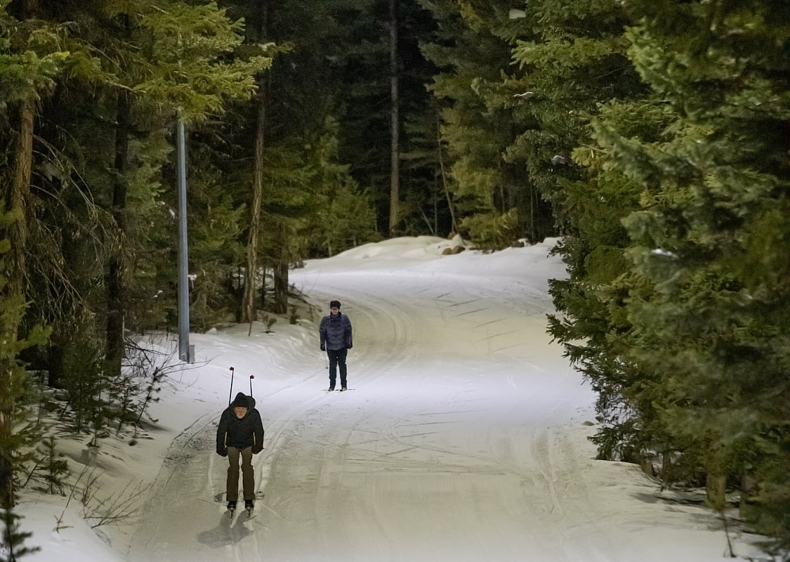Two night skiers on a cross country ski trail in the forest