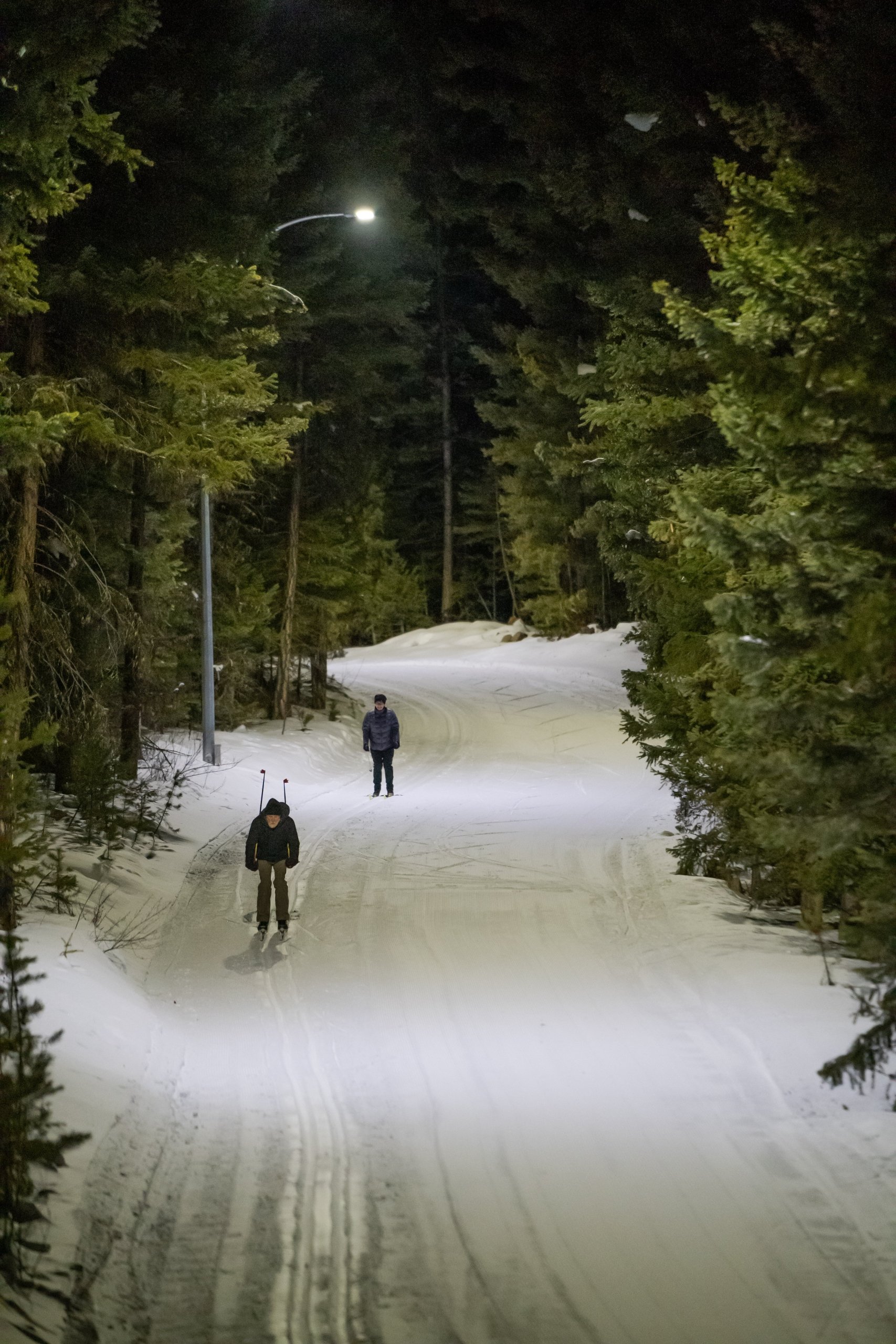 Two night skiers on a cross country ski trail in the forest