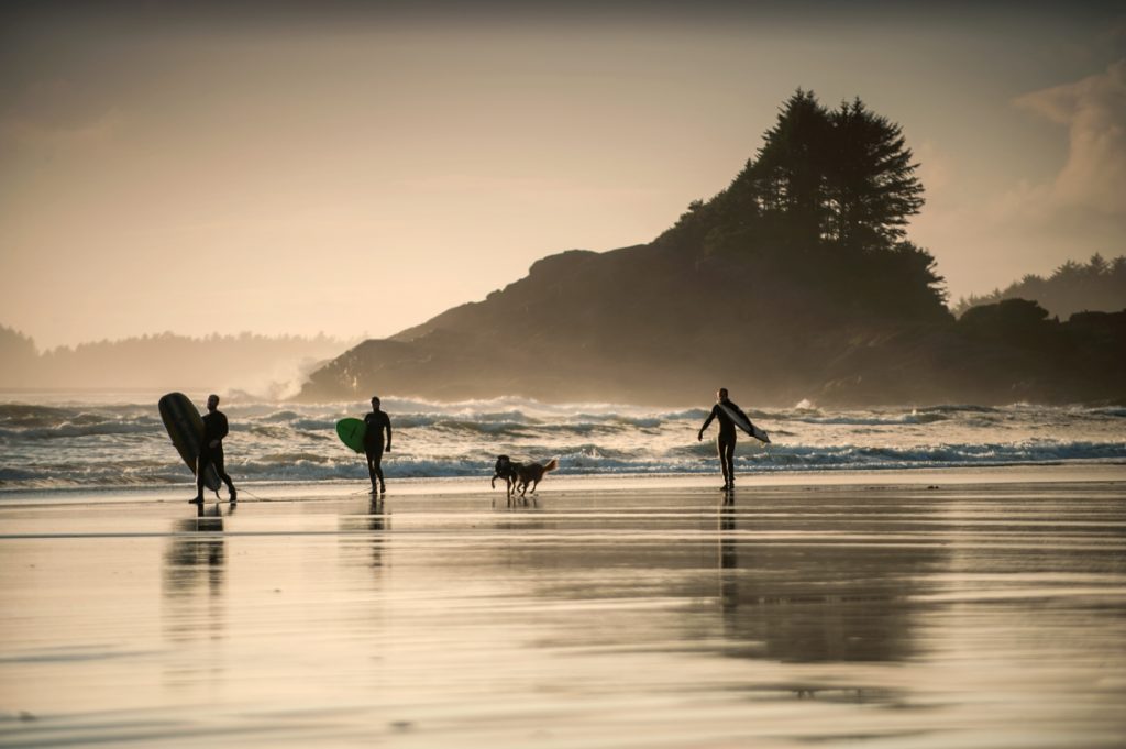 People walking on a beach at sunset