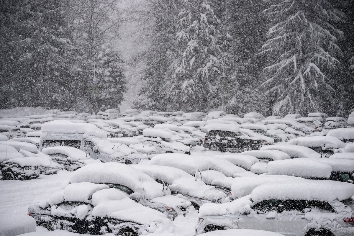 Wipers up, storm day accummulation in the Whistler Village day lots