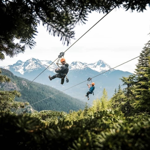 Two people are ziplining at Superfly Ziplines in Whistler. The lines are parallel to one another. Green trees are below them and views of Whistler mountain are in the distance.