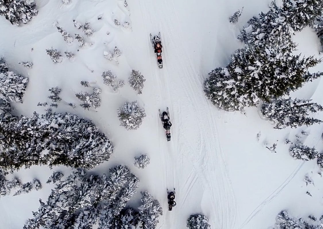 Fotografía aérea de tres personas en moto de nieve a través de un terreno invernal entre los árboles