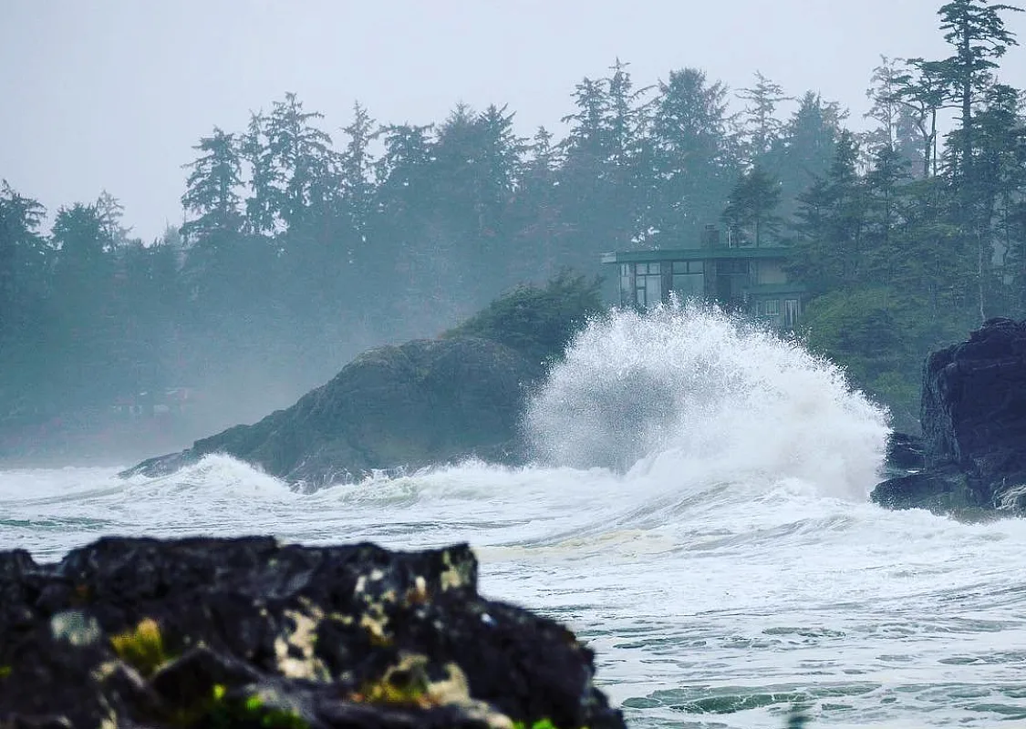 Una ola rompe en la costa rocosa con árboles al fondo en un día tormentoso en Tofino