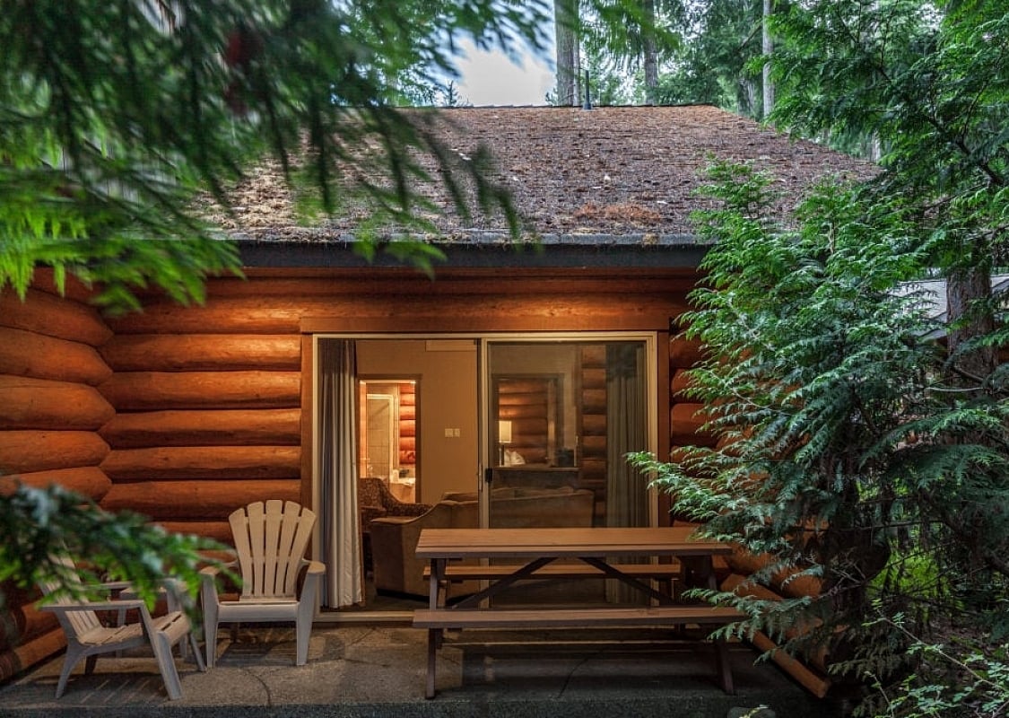 The outside of a cosy log cabin in the forest