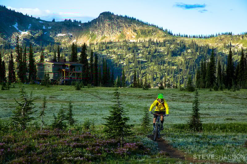 Mountain biker in a yellow jacket rides along a singletrack trail that leads away from a three-story wooden lodge. There are purple flowers in the foreground and mountains in the background.