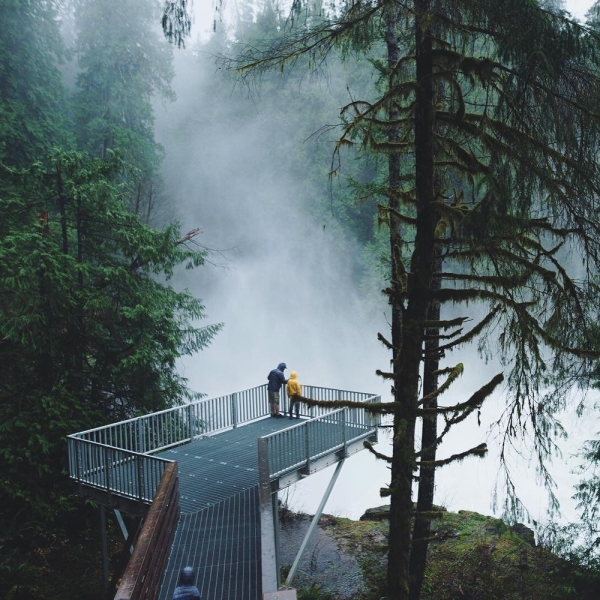 Two people stand on the lookout at Elk Falls Provincial Park surrounded by fog and green trees. Fog and mist come up from below the platform.
