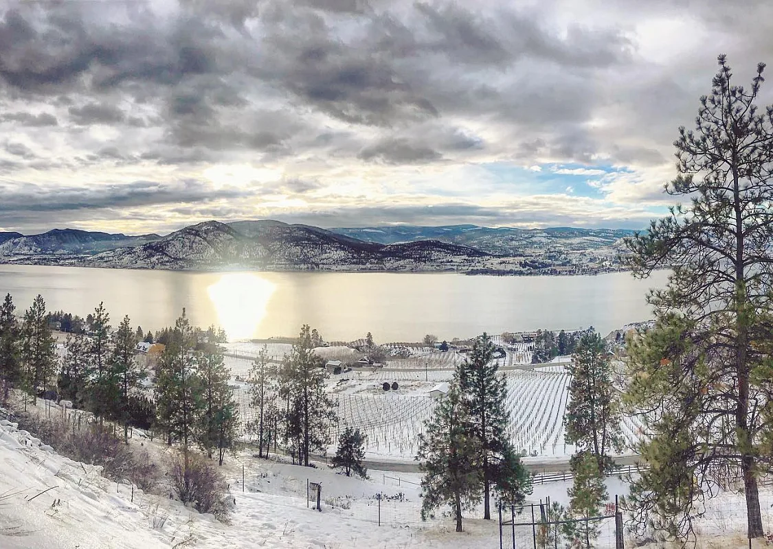 Eine gefrorene Landschaft mit einem See und Bergen in der Ferne, Naramata im Winter