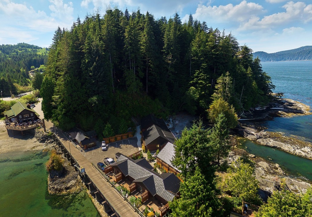 Aerial view of a few buildings tucked in among tall evergreen trees on a piece of land that stretches into the ocean