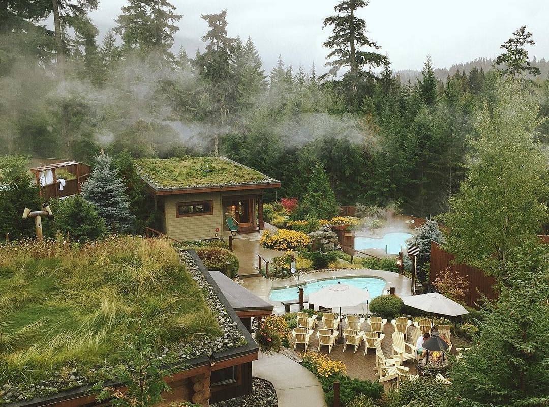 Scandinave Spa Whistler during the day time. Several pools are scattered throughout the property, surrounded by treese.