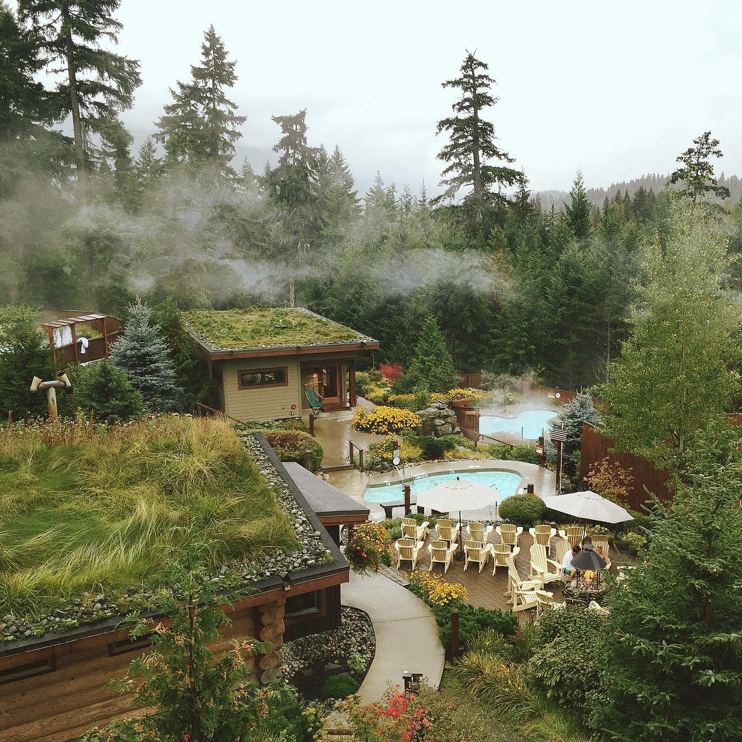 Scandinave Spa Whistler during the day time. Several pools are scattered throughout the property, surrounded by treese.