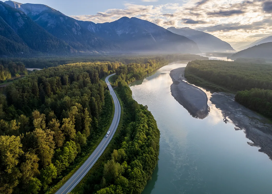 RV driving from Terrace to Prince Rupert on Highway 16, along the Skeena River.