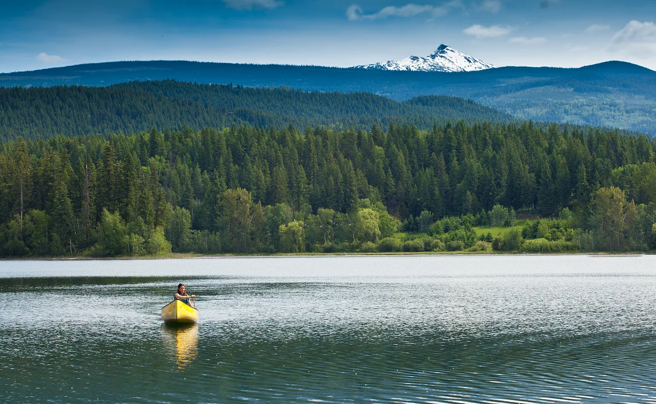 Eine Person paddelt in einem gelben Kanu auf einem ruhigen See, umgeben von üppig grünem Wald und Bergen. In der Ferne erhebt sich ein schneebedeckter Gipfel vor einem klaren blauen Himmel.