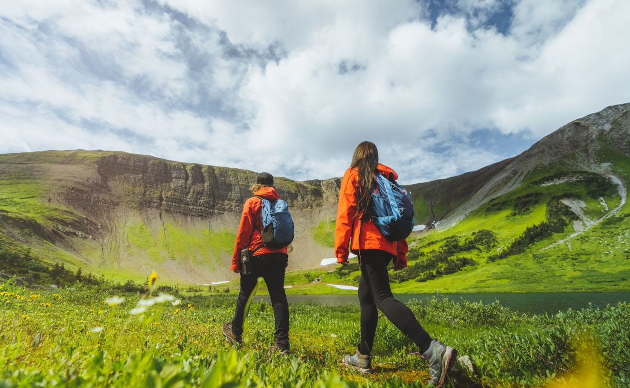 Two people wearing orange shirts walking through lush alpine meadows at Windfall Lake in Tumbler Ridge.