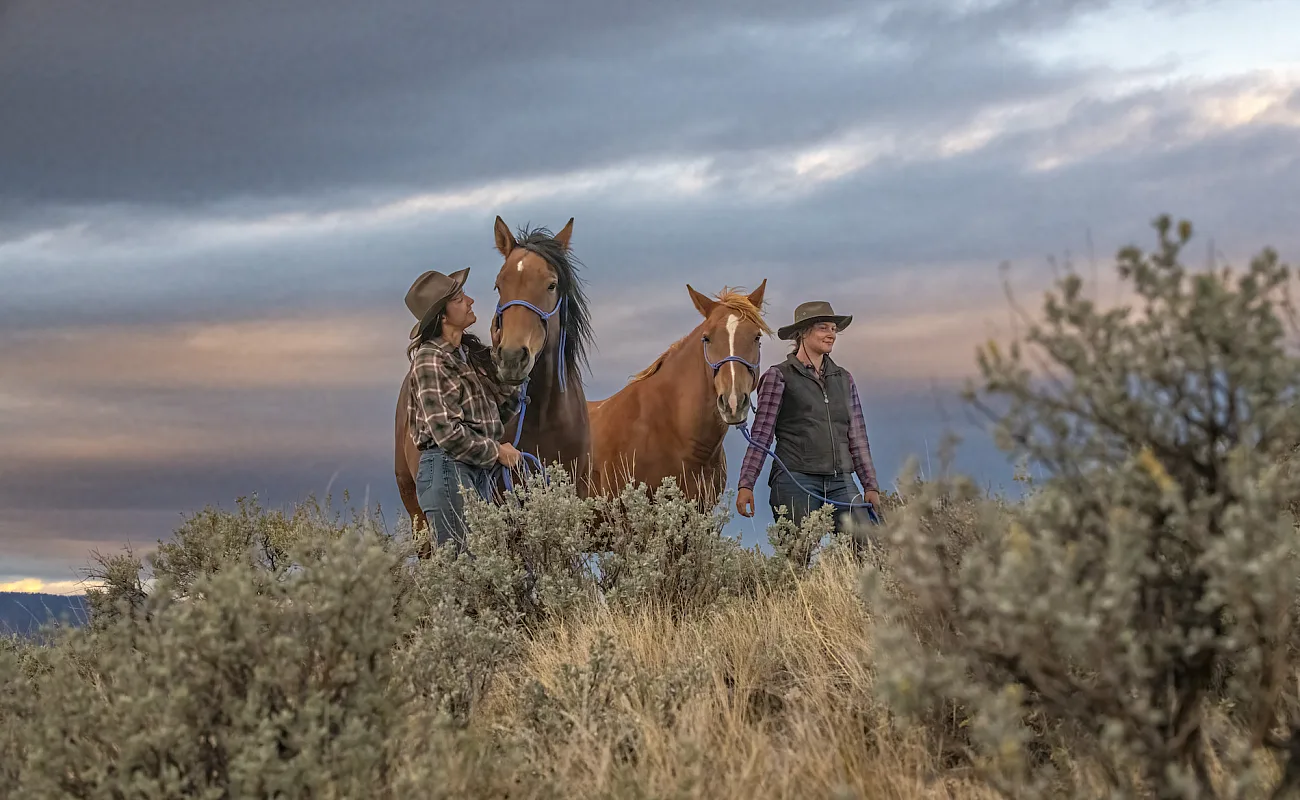 Zwei Personen gehen zusammen mit Pferden auf der Sundance Guest Ranch in Ashcroft.
