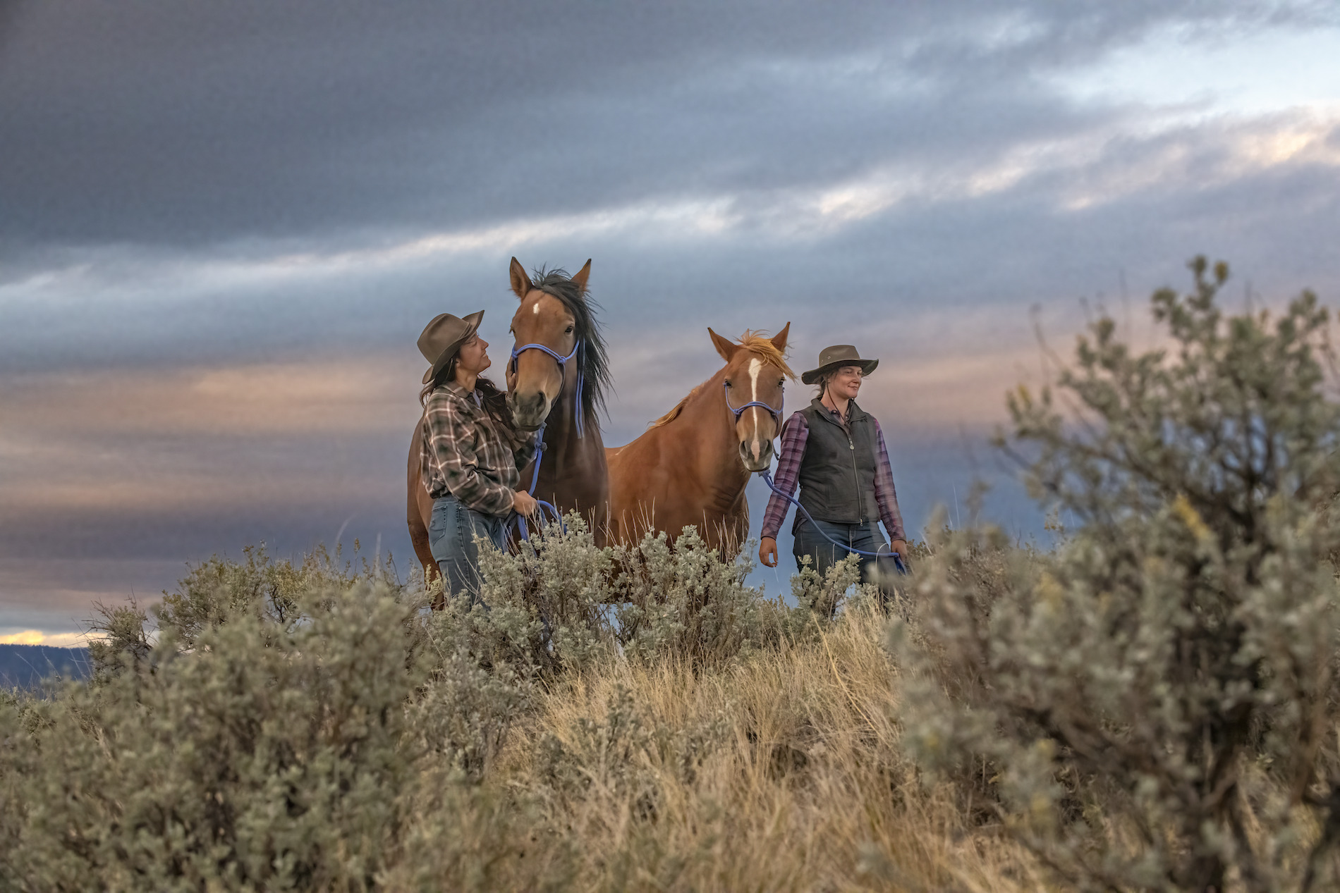 Two people walking together with horses at Sundance Guest Ranch in Ashcroft.