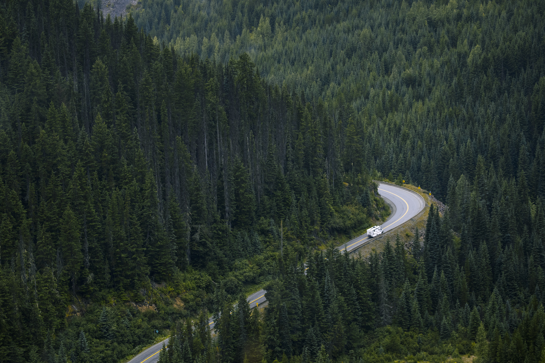 A road winds through thick forest; an RV travels along the road.