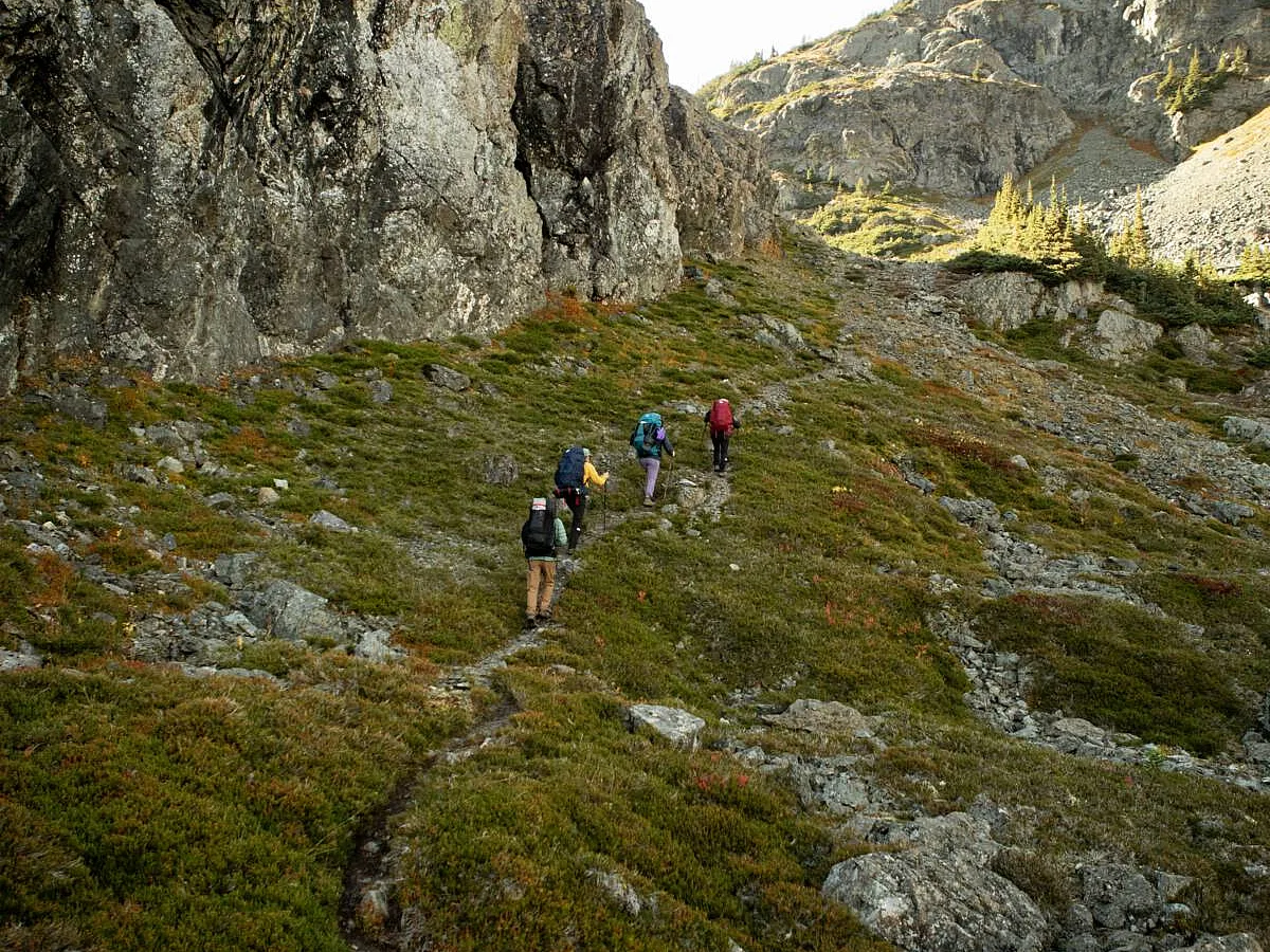 Four hikers walk a marked trail that is dotted by green moss and lichen and surrounded by rocky cliffs and mountains.