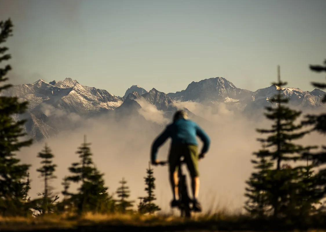 A mountain biker riding along the Friendly Giant Trail in Kaslo with mountains in the distance.