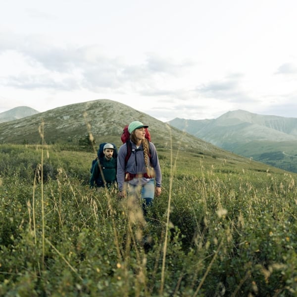 Zwei Leute mit Wanderrucksäcken wandern durch eine üppige Wiese mit sanften Hügeln im Hintergrund.