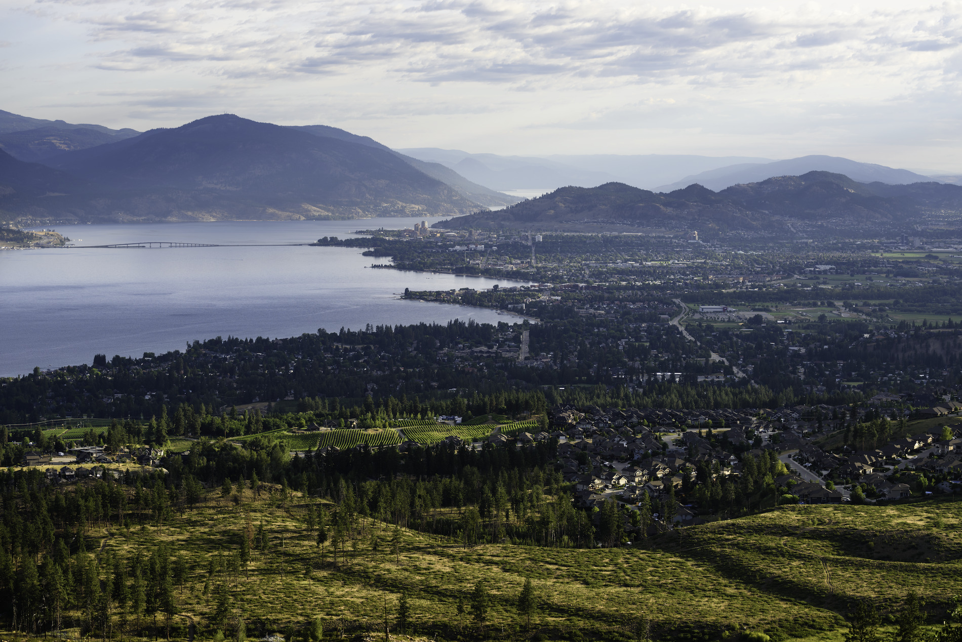 The town of Kelowna in the as seen surrounding Okanagan lake.