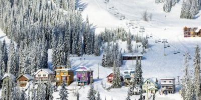 A view of a ski village at the base of a mountain in BC