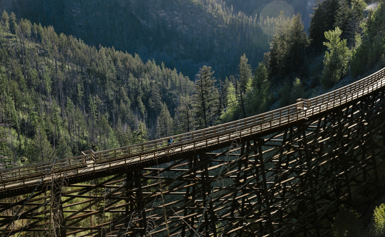 A cyclist rides across a tall wooden trestle bridge.