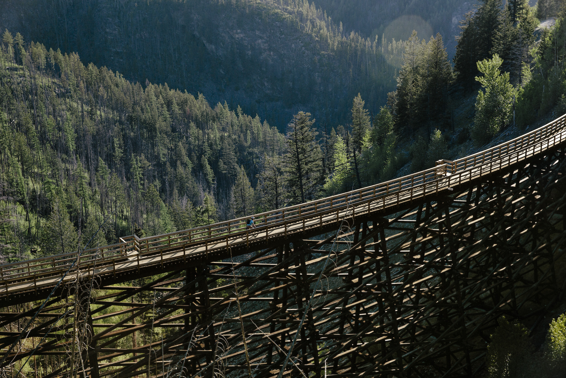 A cyclist rides across a tall wooden trestle bridge.