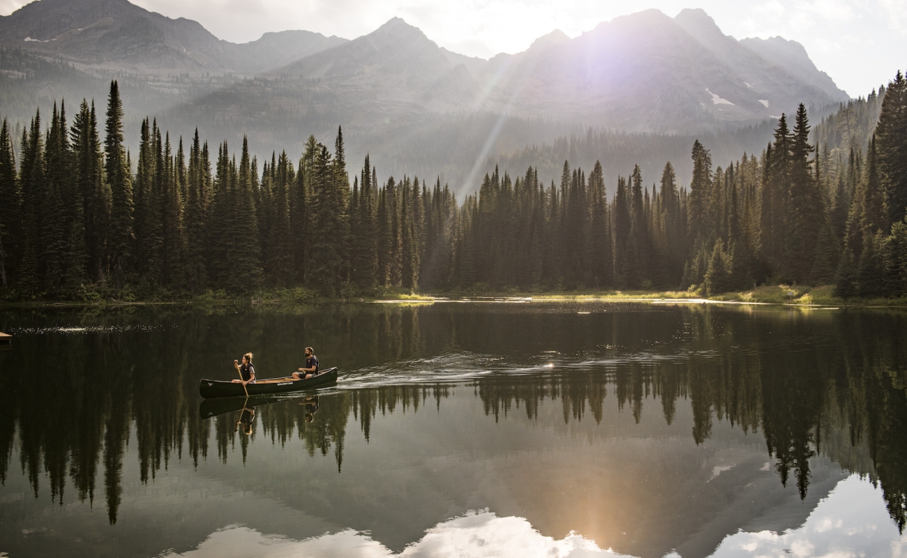 A canoe on Island Lake at Island Lake Lodge near Fernie, BC