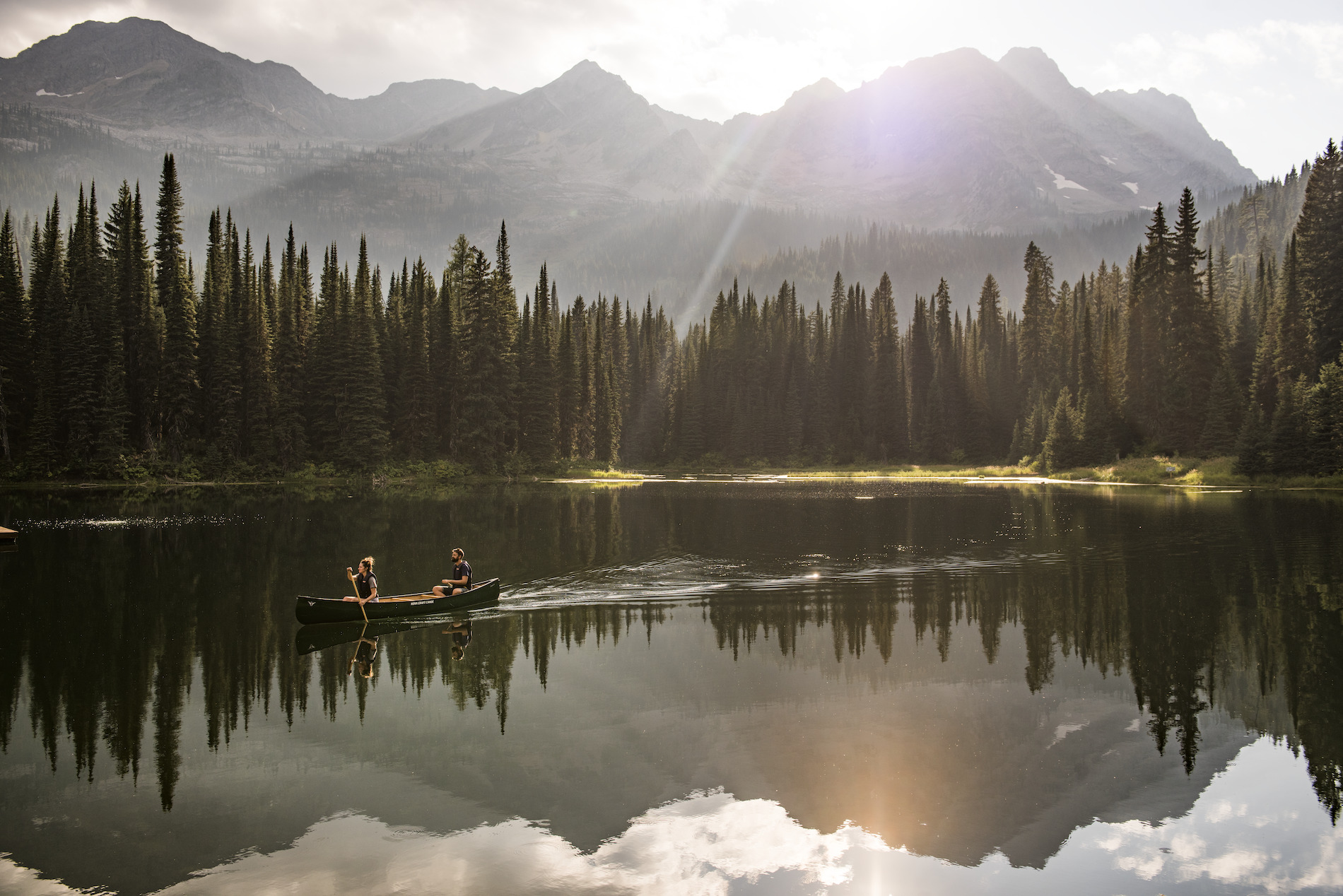 A canoe on Island Lake at Island Lake Lodge near Fernie, BC