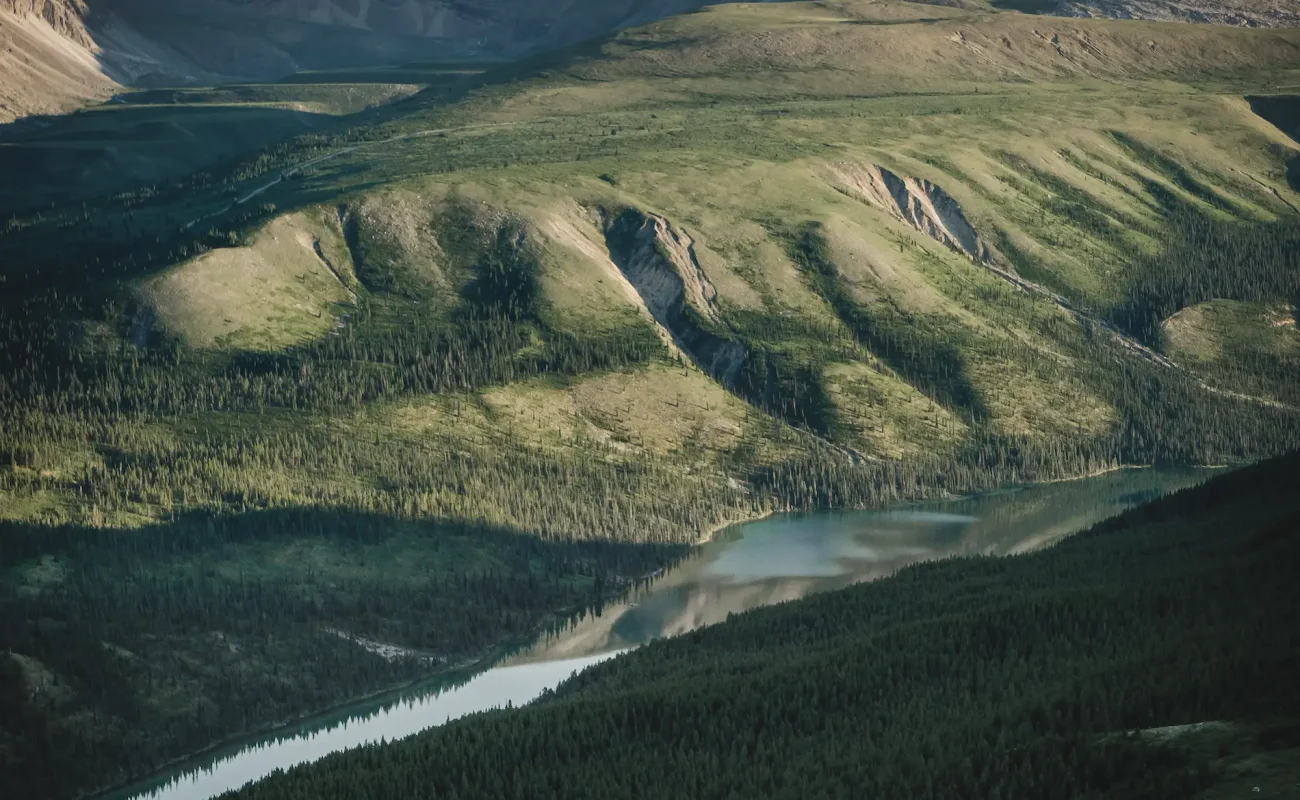 Hiker overlooking the vast valley in Stone Mountain Provincial Park.