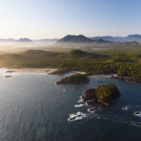 Aerial of the coastline of Pacific Rim National Park, near Tofino