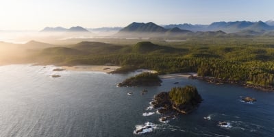 Aerial of the coastline of Pacific Rim National Park, near Tofino