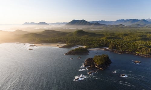 Aerial of the coastline of Pacific Rim National Park, near Tofino
