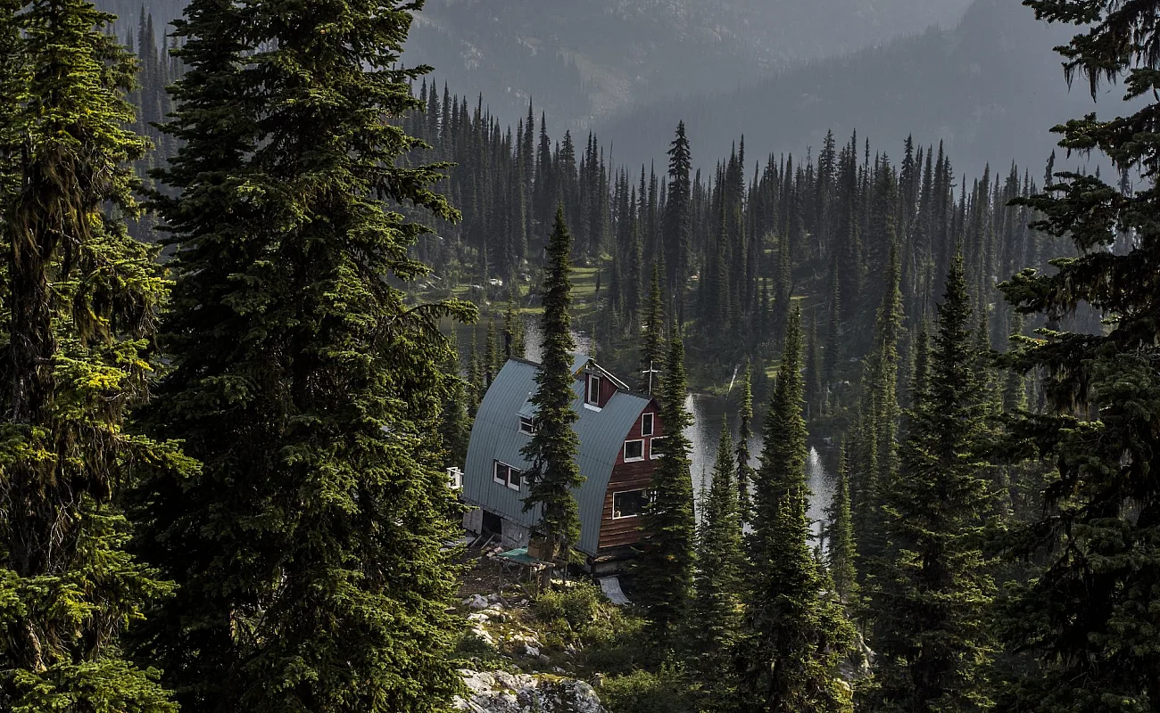 Blick durch die Bäume auf ein abgelegenes A-Frame-Gebäude