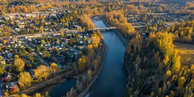 An aerial view of a river and roads in Fernie, BC